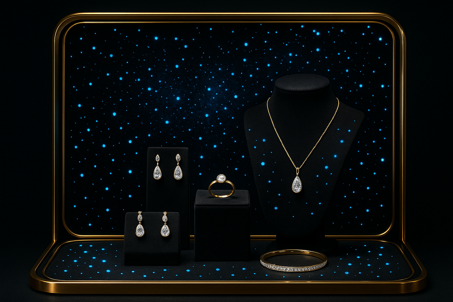 creat a jewellery showcase of jewellery but want it black with blue paint dots that glow as well having gold rim 