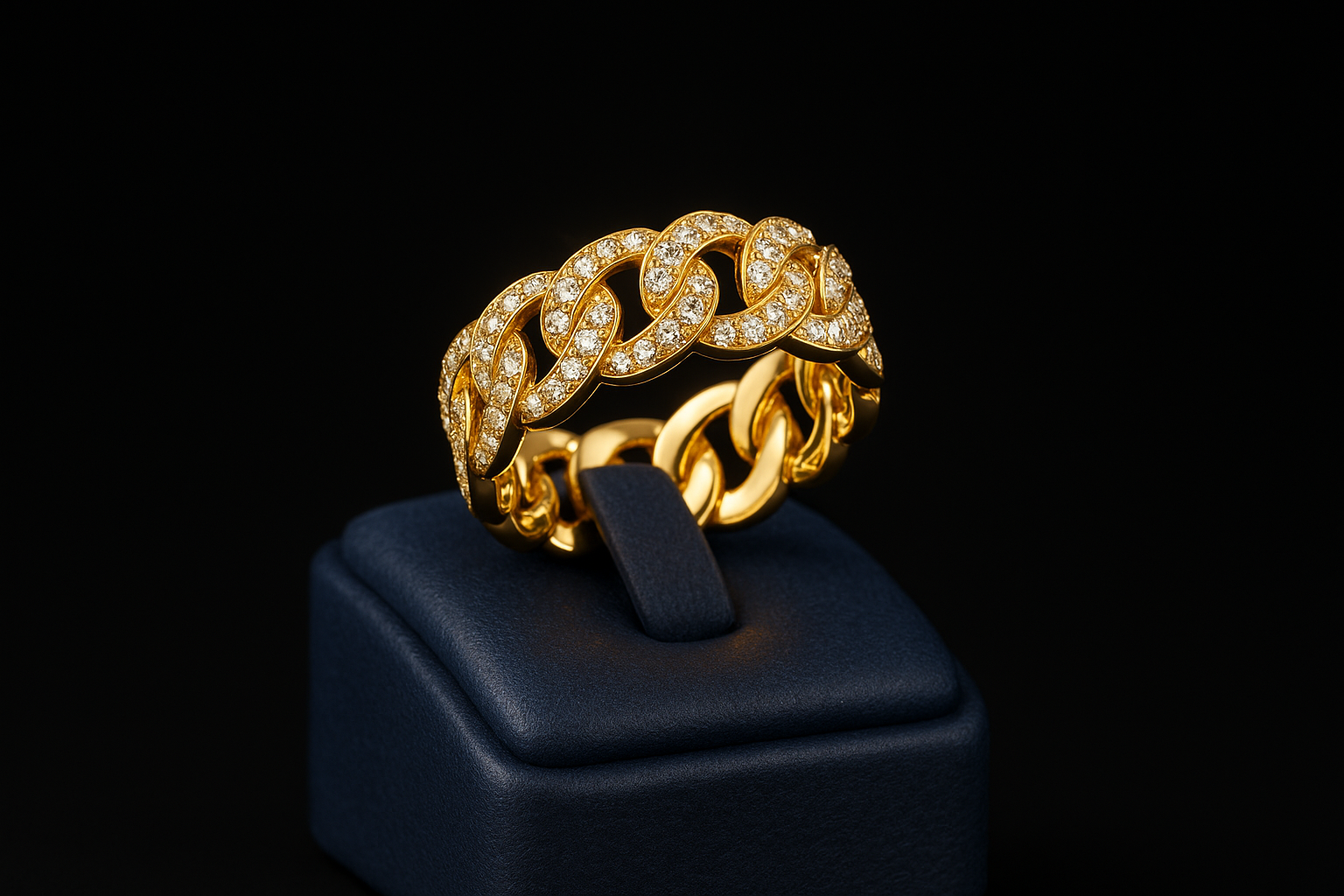 cuban link diamond ring 18k yellow gold with a black background on a blue ring display 