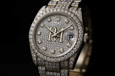 rolex watch  with pm logo on it and loads of diamonds 